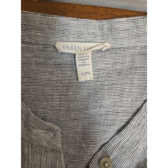 Eileen Fisher Size XL Shirt Crinkled Organic Linen Stripe Mandarin Collar Long - Picture 5 of 6